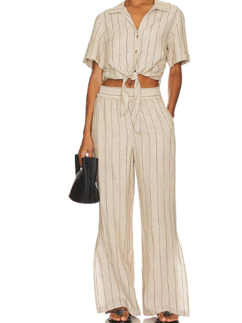 Sanctuary Striped Linen Tie-Front Top Size M & Side Slit Linen Pants Size XS